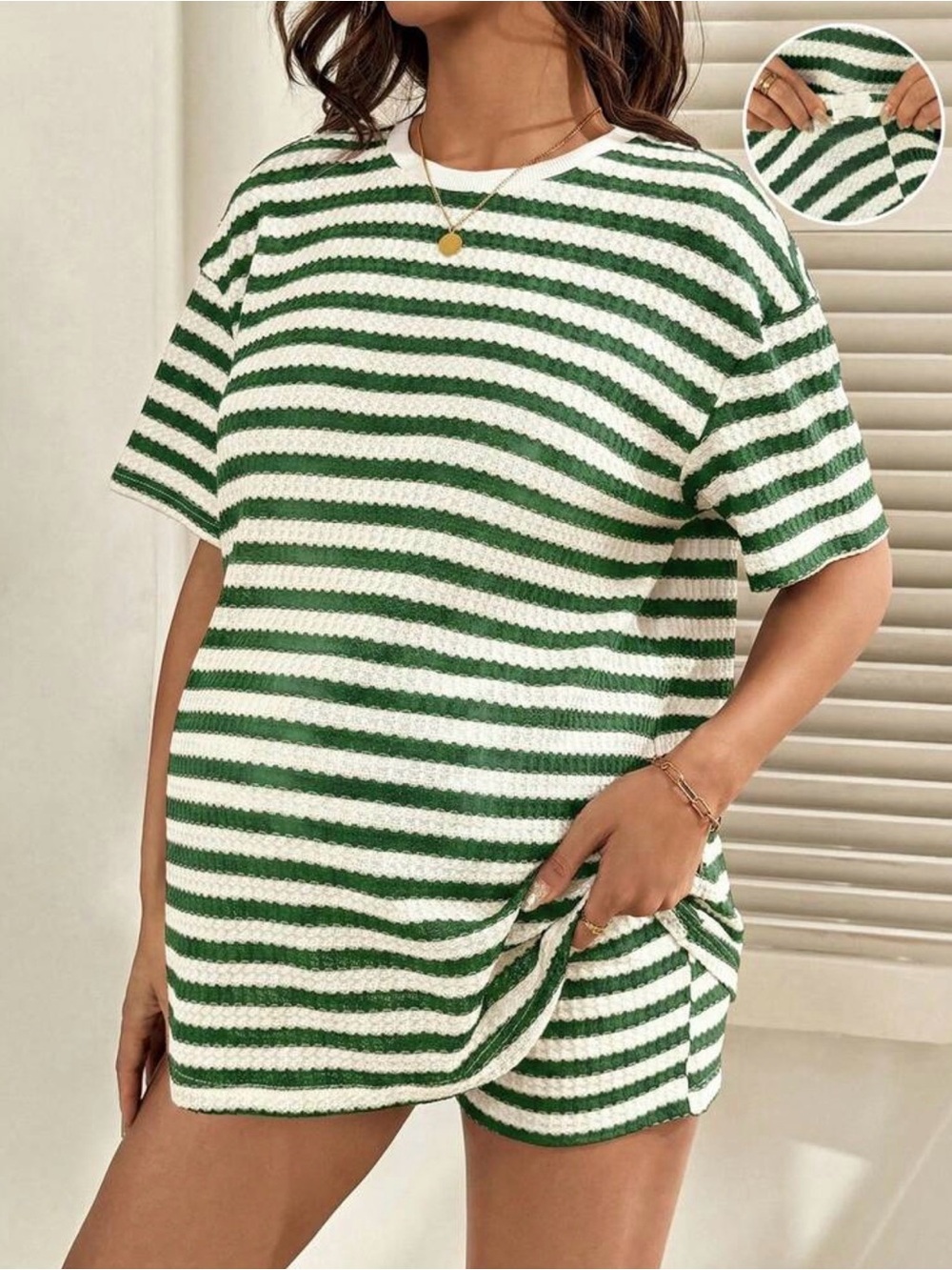 Maternity Green and White Striped Knit Lounge Set